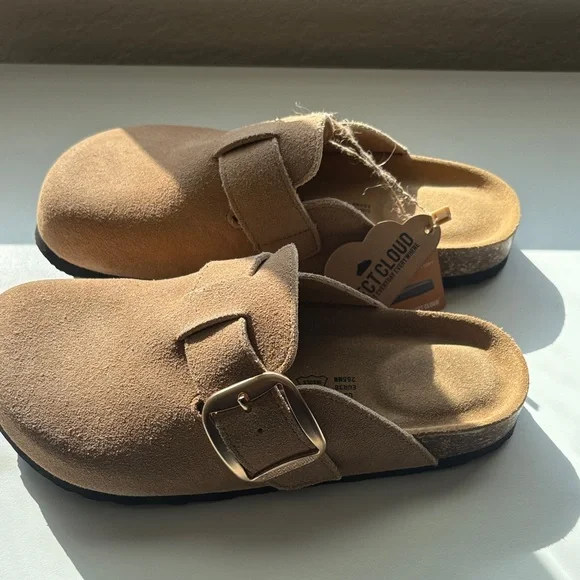 Tan Suede Mules with Buckle - Picture 2 of 3